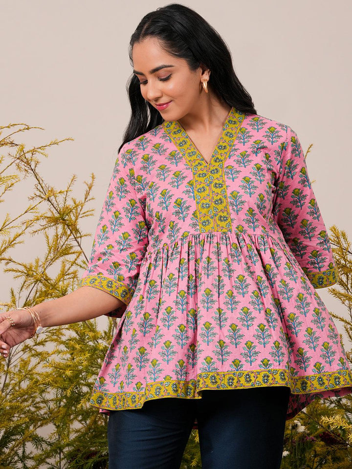 Pink Printed Cotton A-Line Kurti - Libas