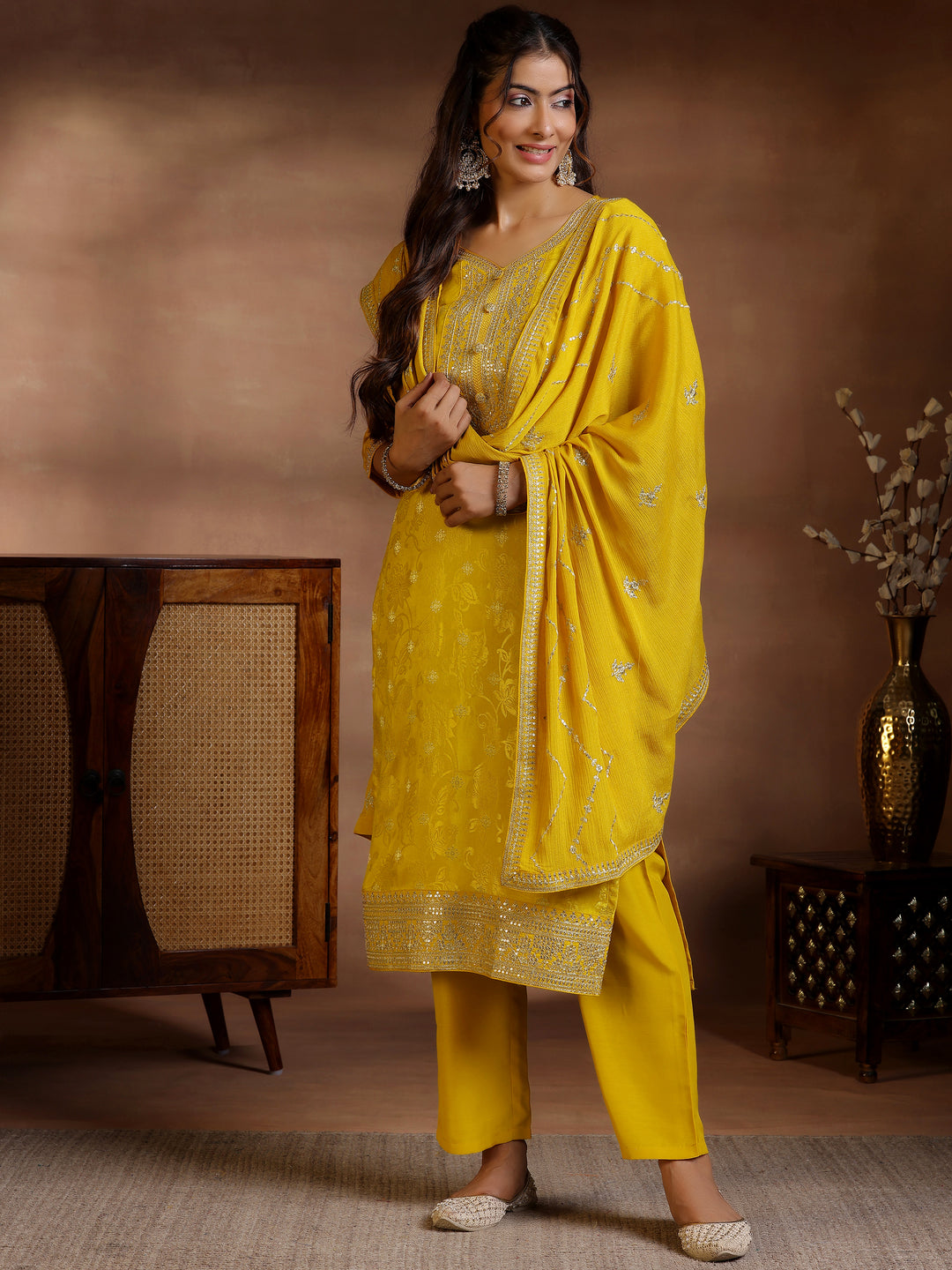  Mustard Woven Design Silk Blend Straight Suit With Dupatta 