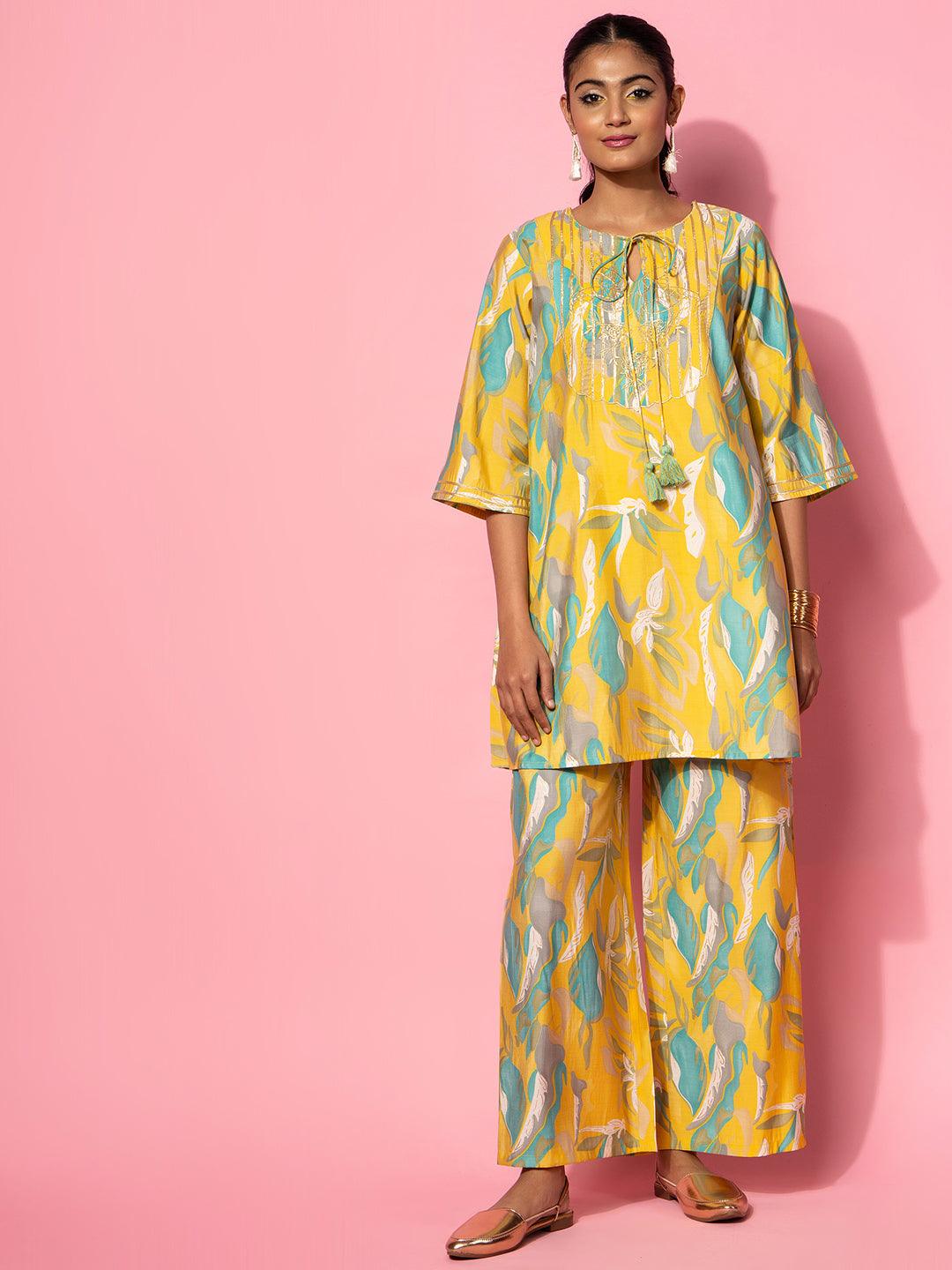 Mustard Printed Silk Blend Co-Ords - Libas