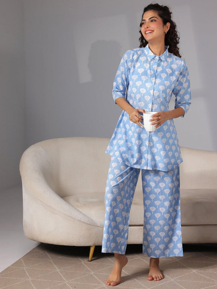 Blue Printed Cotton Night Suits - Libas