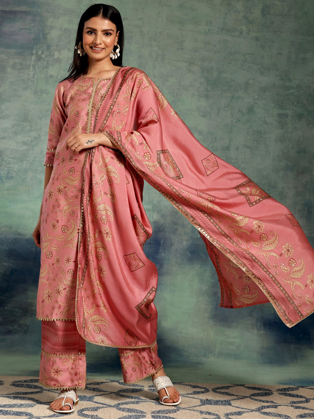 Pink Printed Silk Blend Straight Suit With Dupatta - Libas 