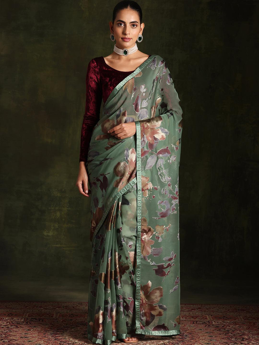 Green Printed Brasso Saree With Unstitched Blouse Piece - Libas 