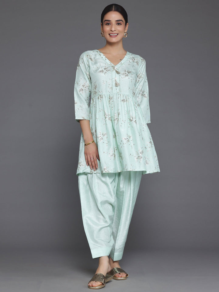 Sea Green Printed Silk Blend A-Line Kurta With Salwar - Libas