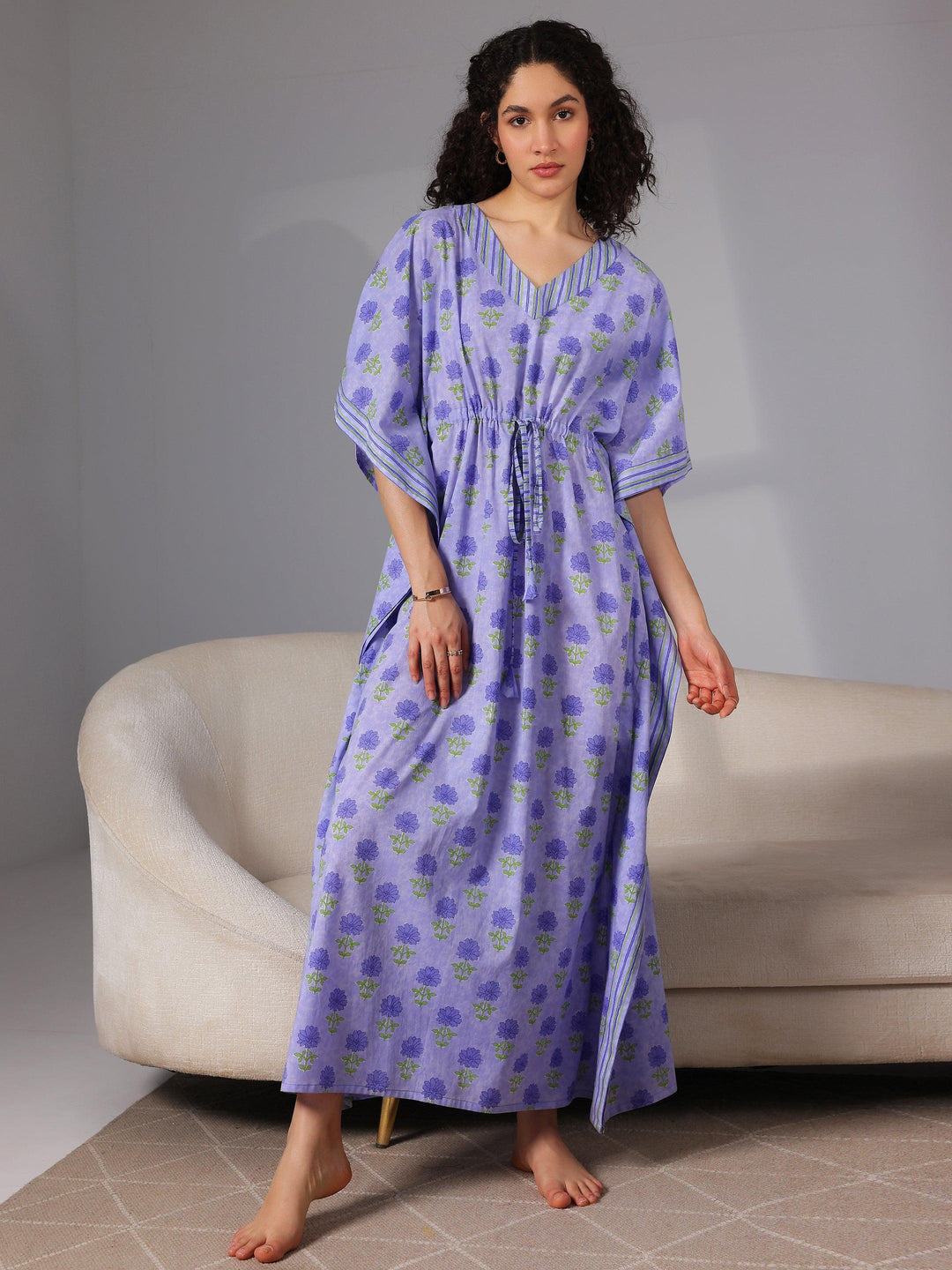 Purple Printed Cotton Kaftan Night Dress - Libas 