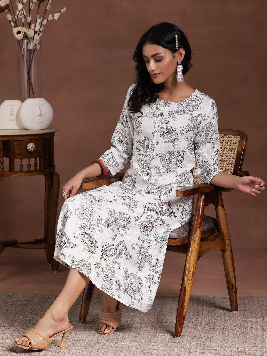 White Printed Cotton A-Line Dress - Libas 