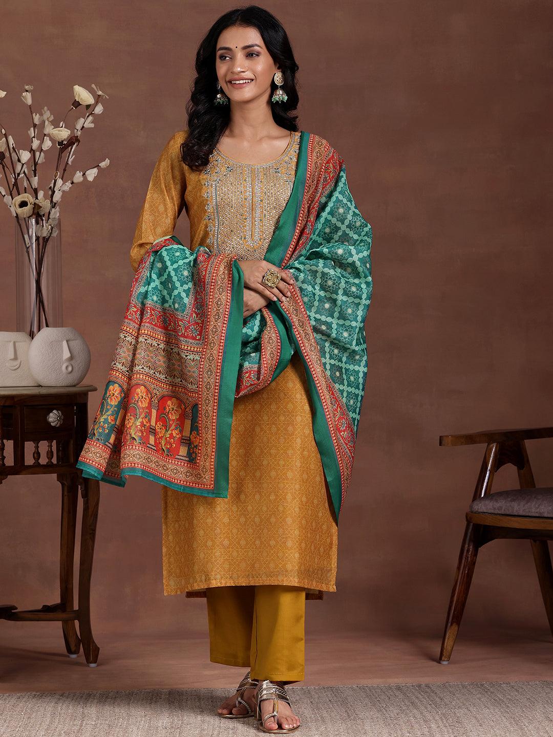 Mustard Printed Silk Blend Straight Suit With Dupatta - Libas