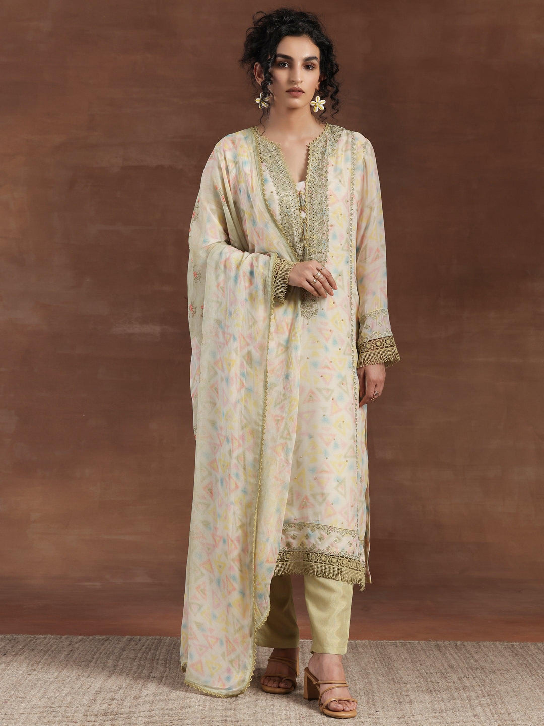 Olive Embroidered Organza Straight Suit With Dupatta - Libas 