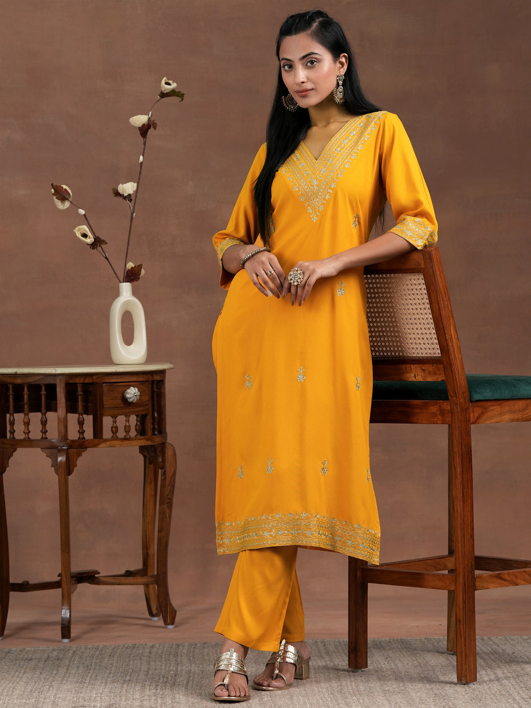  Yellow Embroidered Rayon Straight Kurta Set 