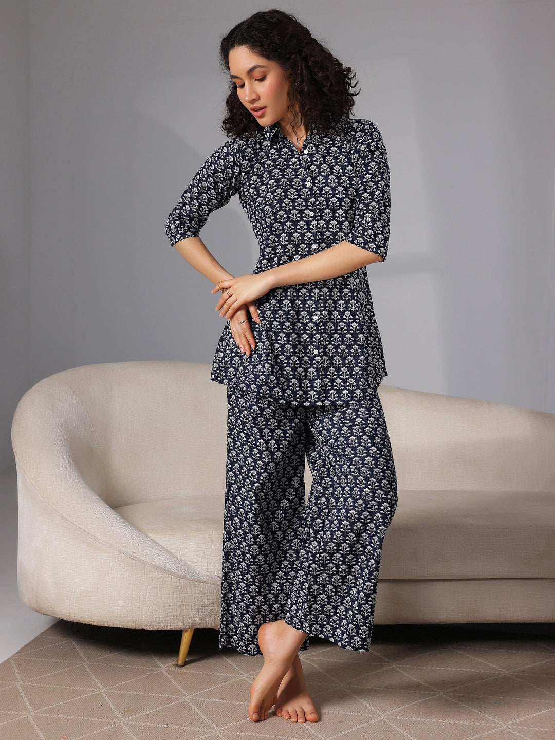 Navy Blue Printed Cotton Night Suits - Libas