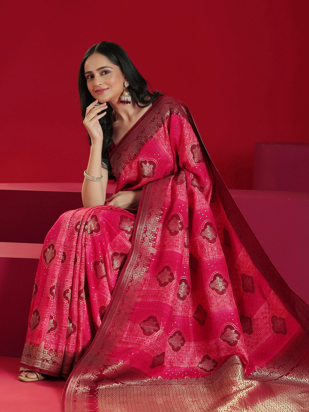 Libas Art Pink Woven Design Satin Saree With Unstitched Blouse Piece - Libas