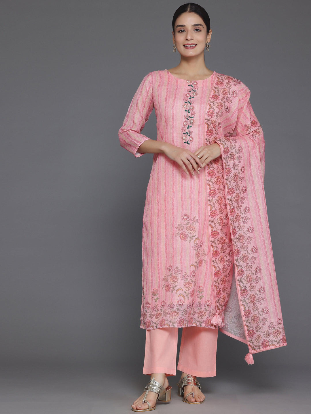 Pink Printed Cotton Straight Suit With Dupatta - Libas