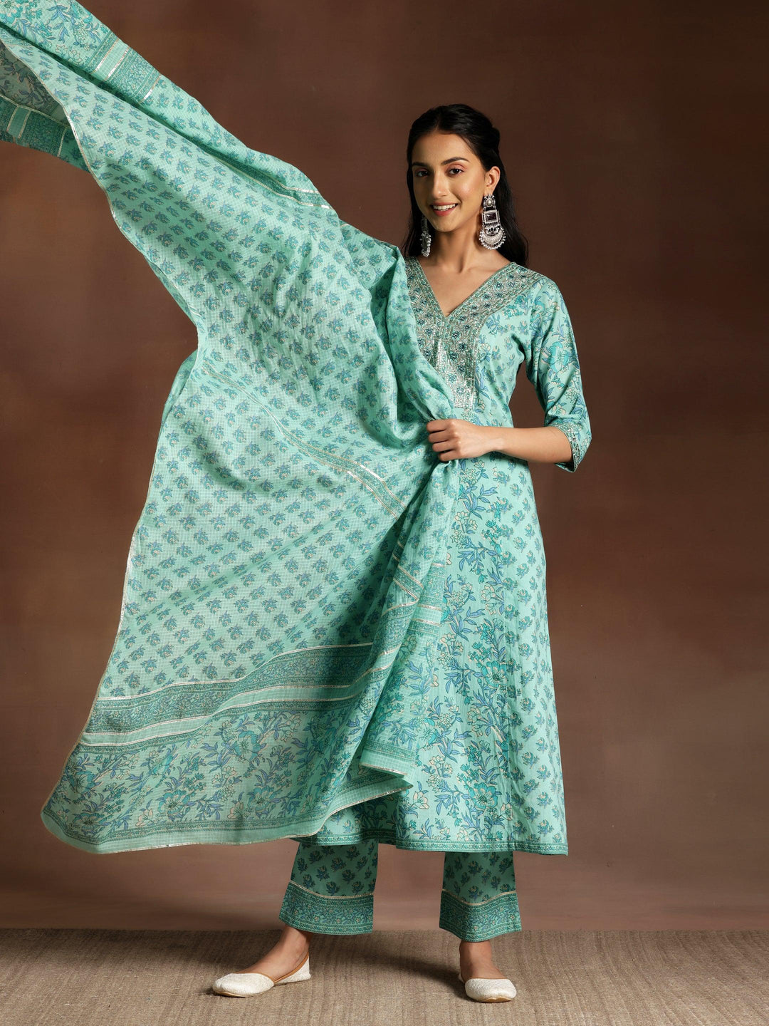 Turquoise Printed Cotton A-Line Kurta With Palazzos & Dupatta - Libas 