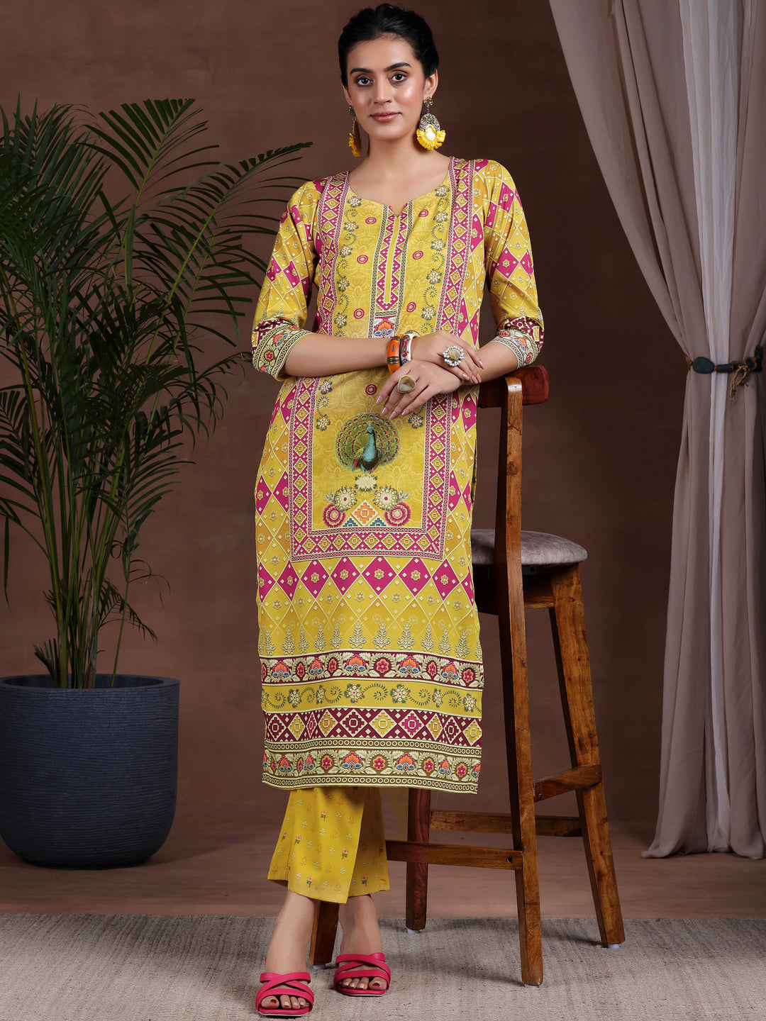  Mustard Printed Poly Crepe Straight Kurta Set 