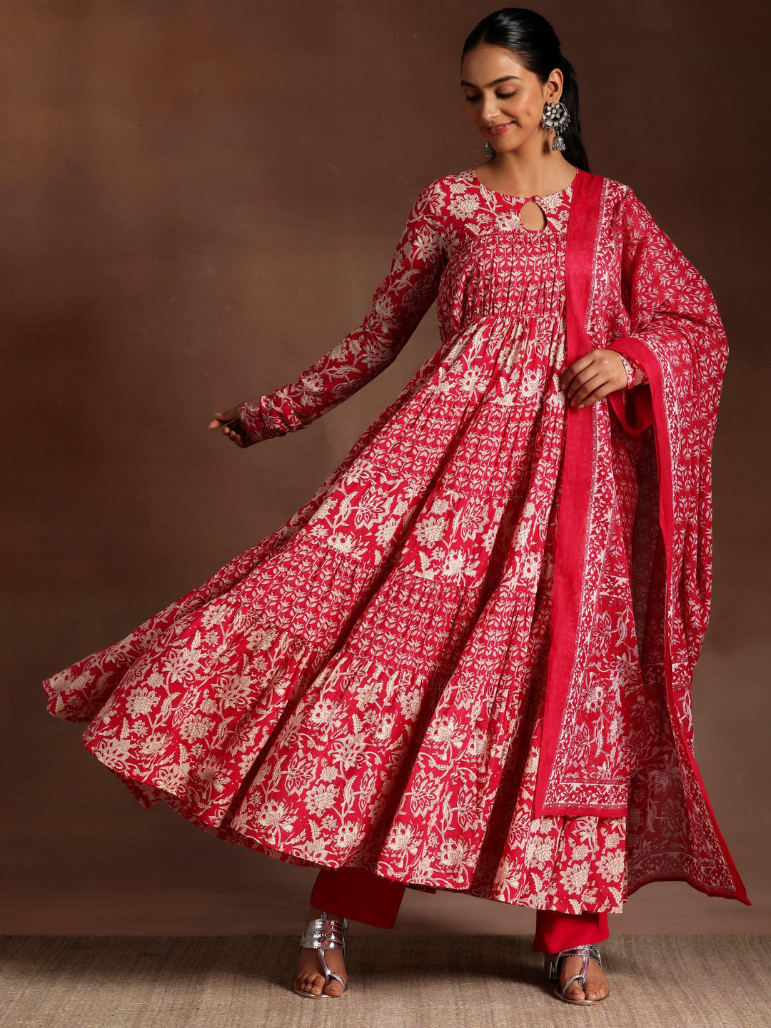 Kashish Pink Printed Cotton A-Line Kurta With Trousers & Dupatta - Libas 