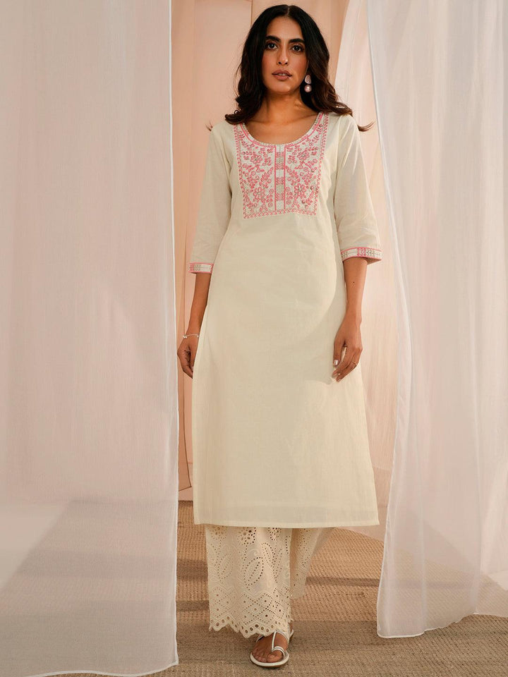 Off White Yoke Design Cotton Straight Kurta - Libas