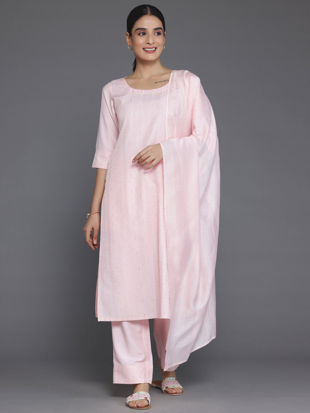 Peach Self Design Silk Blend Straight Suit With Dupatta - Libas 