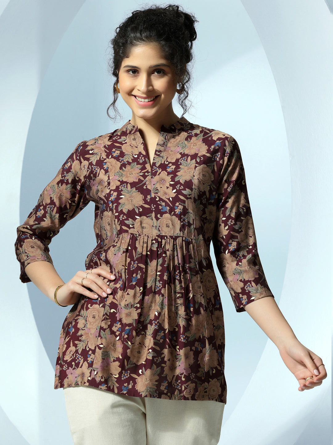  Maroon Printed Silk Blend Straight Kurti 