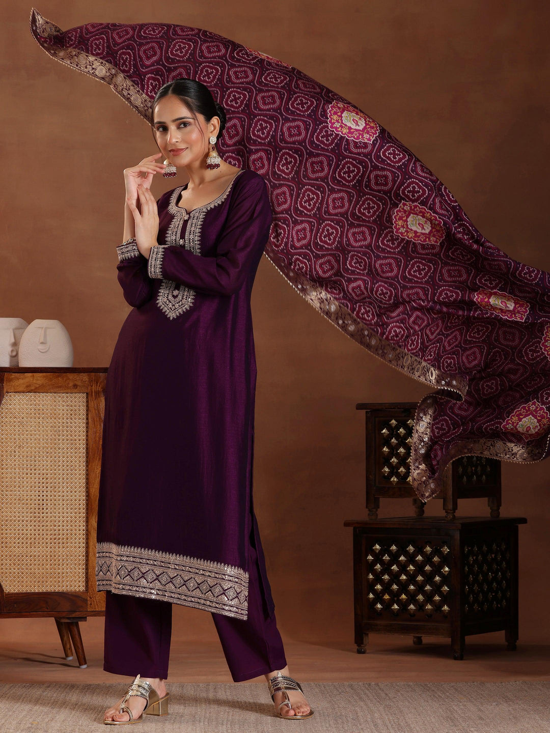 Wine Embroidered Silk Blend Straight Suit With Dupatta - Libas 