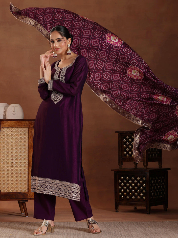 Wine Embroidered Silk Blend Straight Suit With Dupatta - Libas