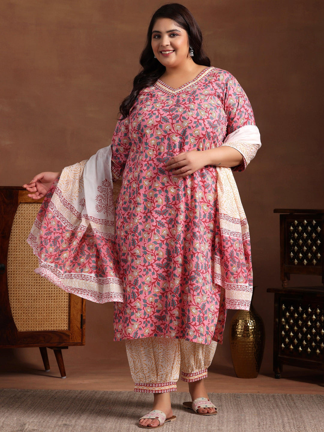 Plus Size Pink Printed Cotton Straight Suit With Dupatta - Libas 