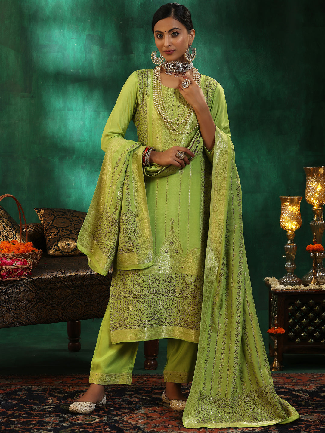  Green Woven Design Silk Blend Straight Suit With Dupatta 