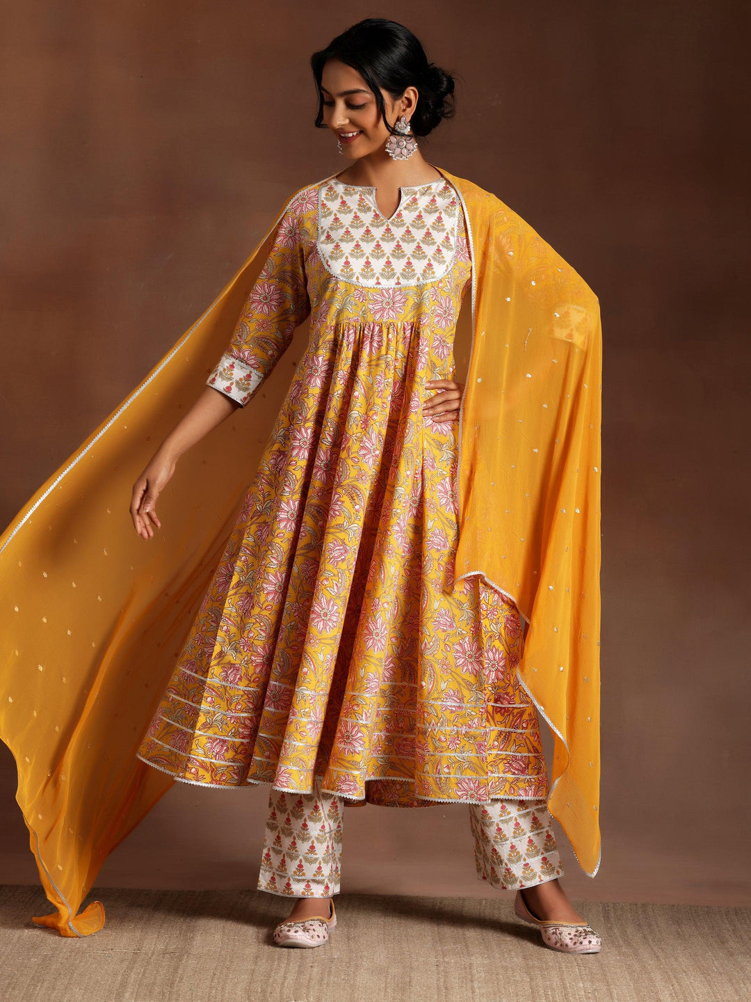 Yellow Printed Cotton Anarkali Suit With Dupatta - Libas 