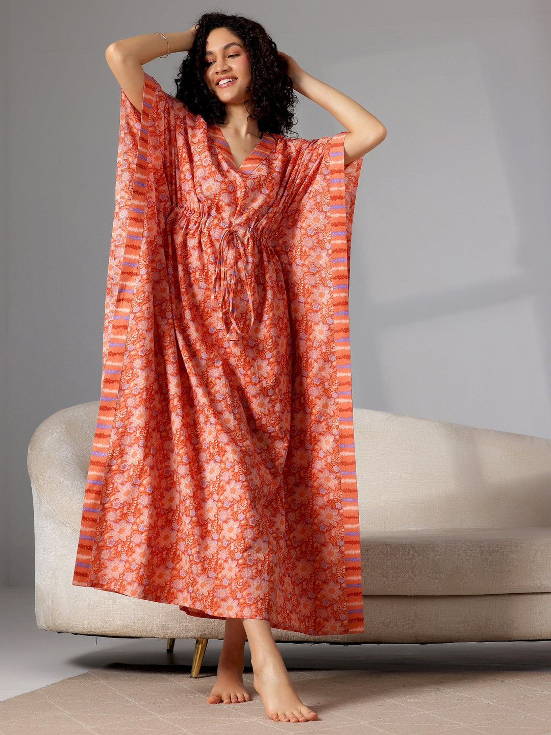 Orange Printed Cotton Kaftan Night Dress - Libas