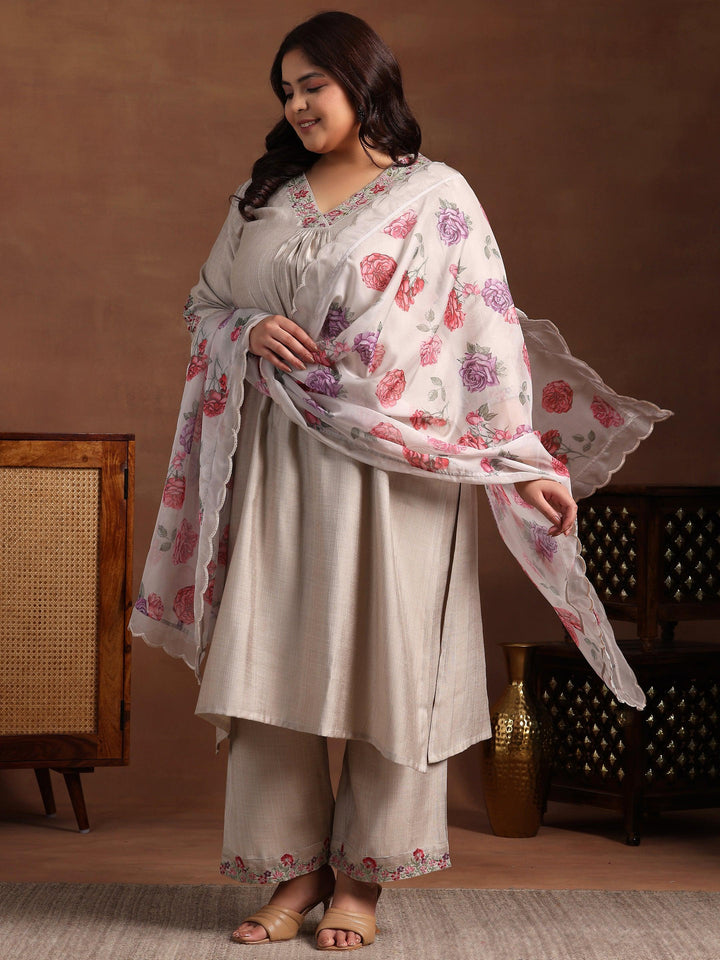 Plus Size Beige Yoke Design Silk Blend Straight Suit With Dupatta - Libas