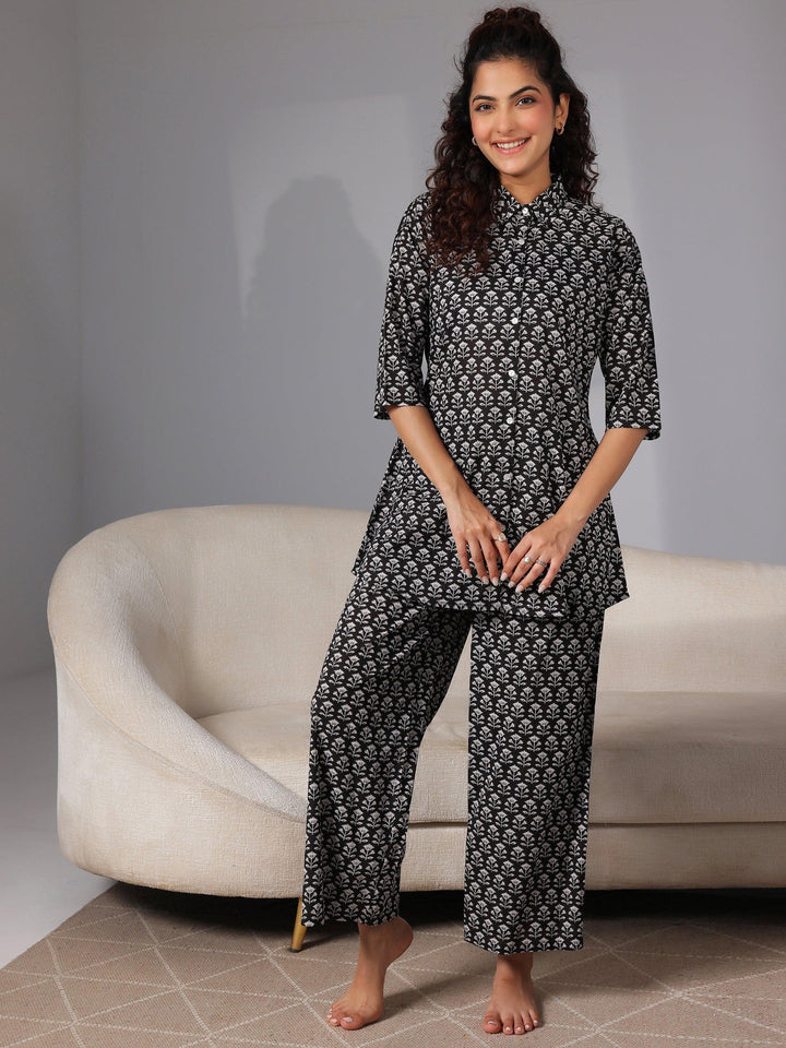 Black Printed Cotton Night Suits - Libas