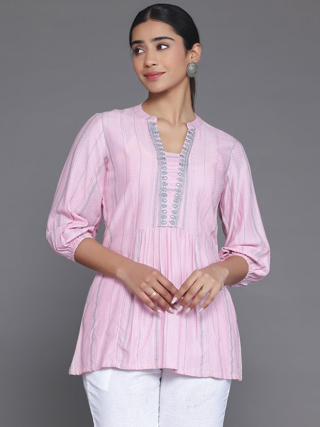 Pink Woven Design Cotton Blend Straight Kurti - Libas