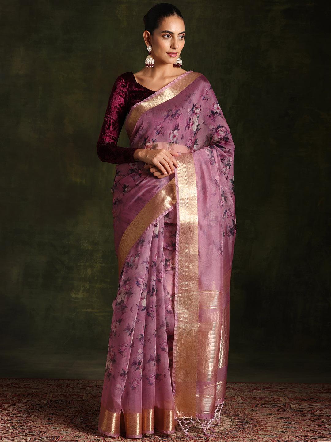 Purple Printed Organza Saree With Unstitched Blouse Piece - Libas