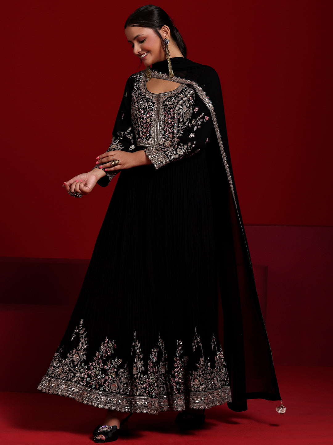  Libas Art Black Embroidered Georgette A-Line Kurta With Trousers & Dupatta 