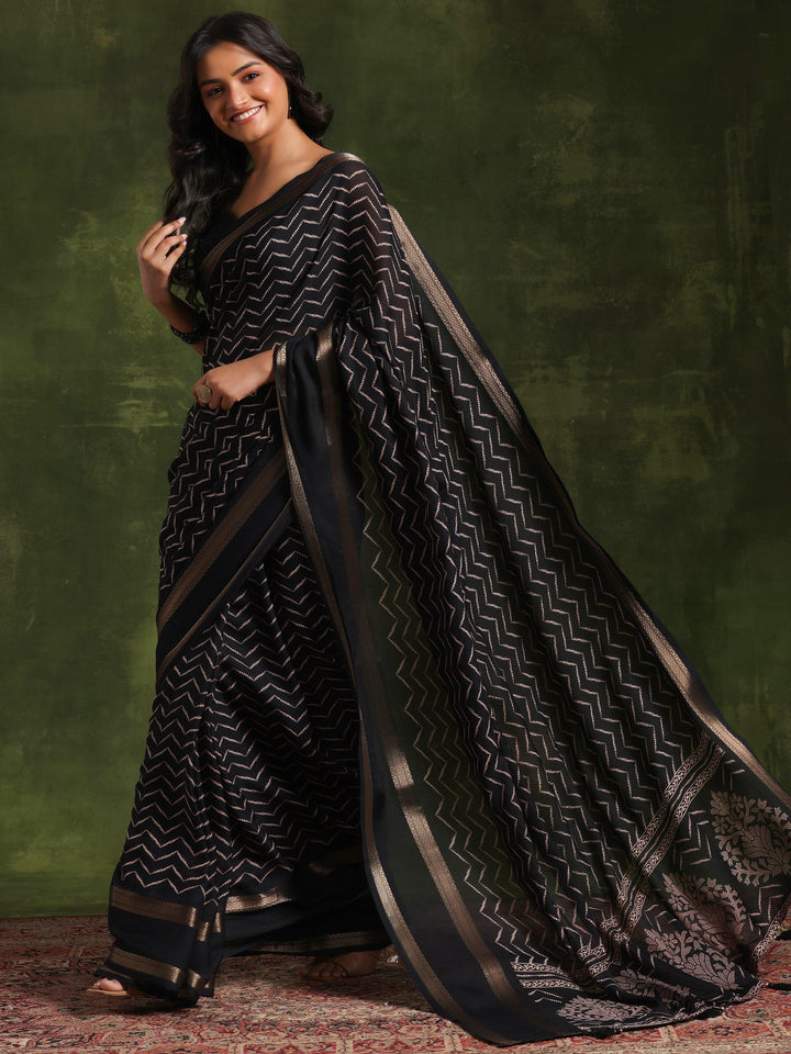 Black Printed Silk Blend Saree With Unstitched Blouse Piece - Libas