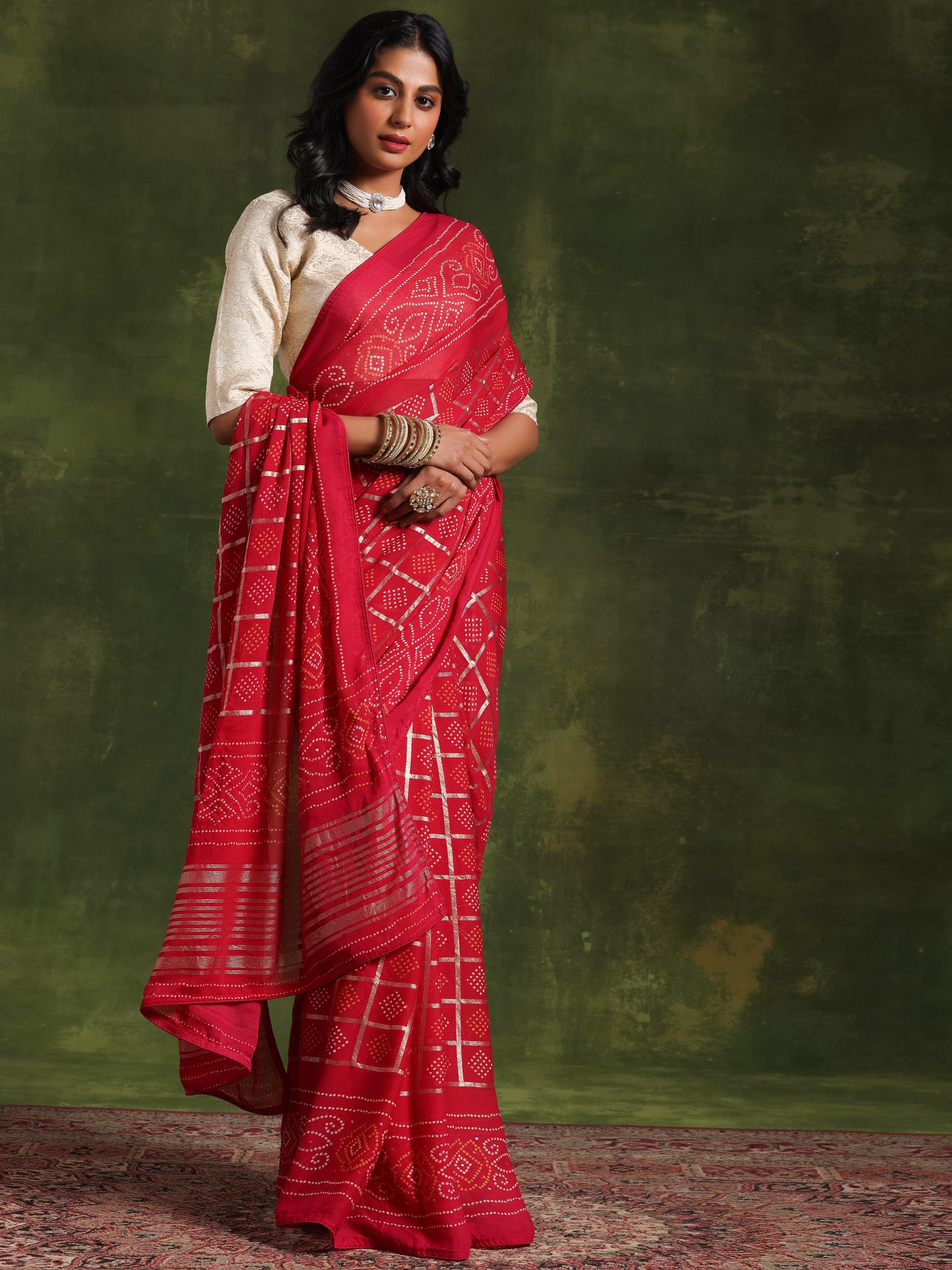 Pink Printed Poly Georgette Saree With Unstitched Blouse Piece