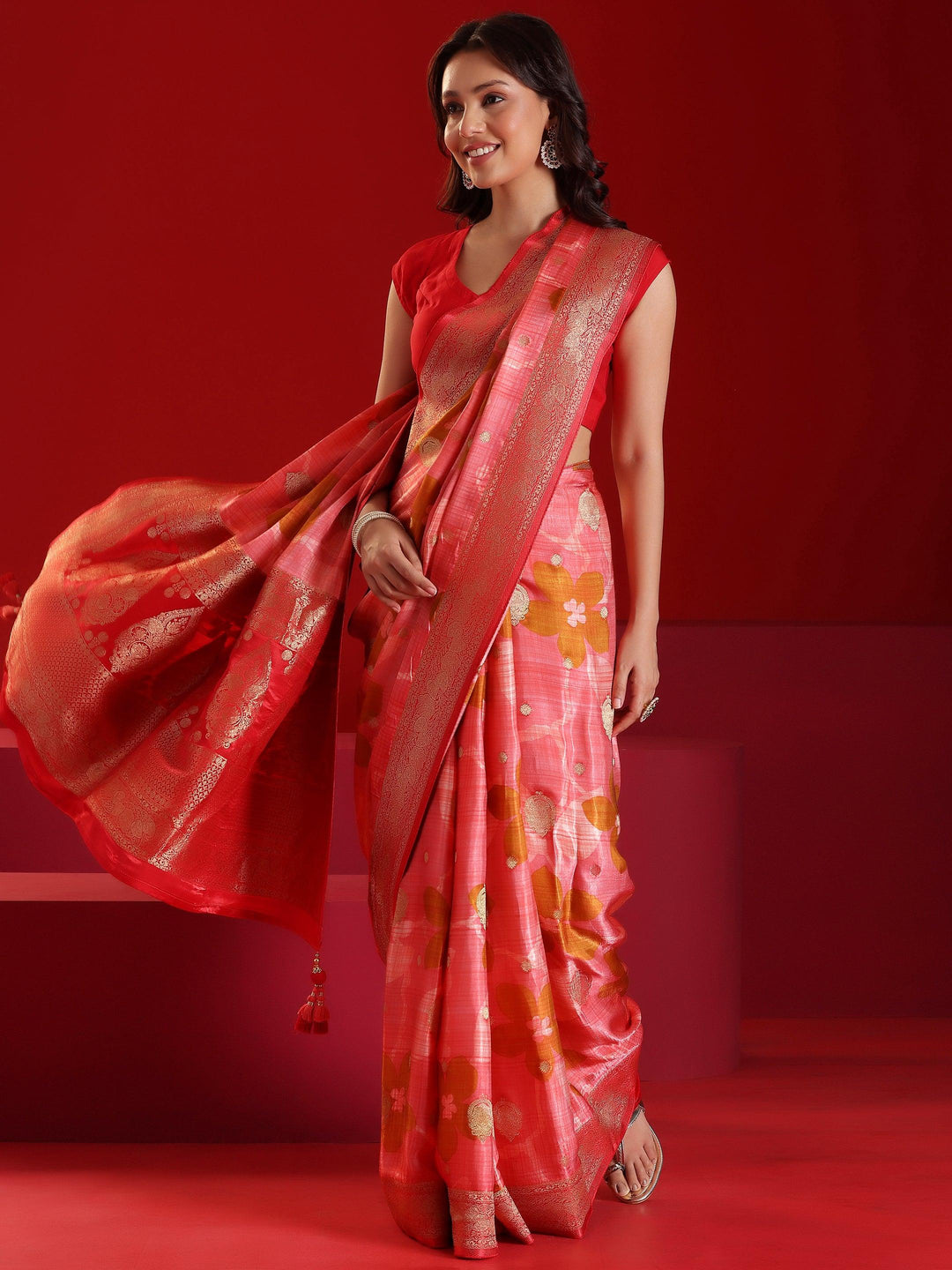 Libas Art Peach Printed Satin Saree With Unstitched Blouse Piece - Libas 