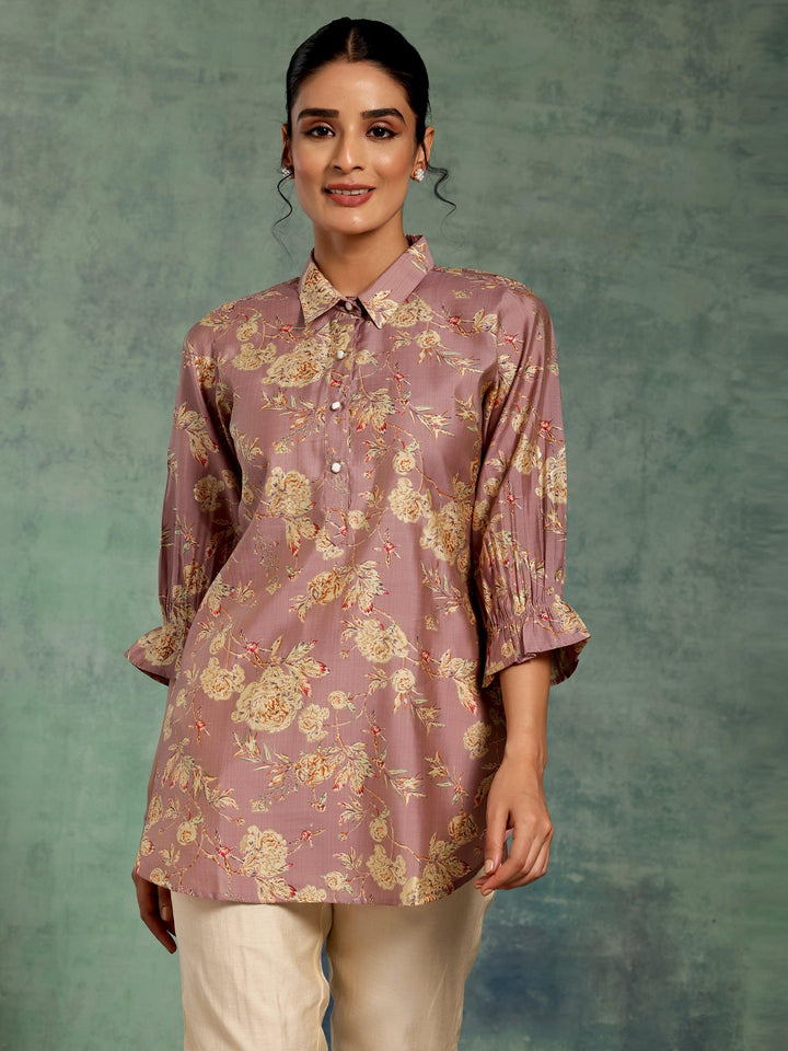 Mauve Printed Silk Blend Straight Kurti - Libas