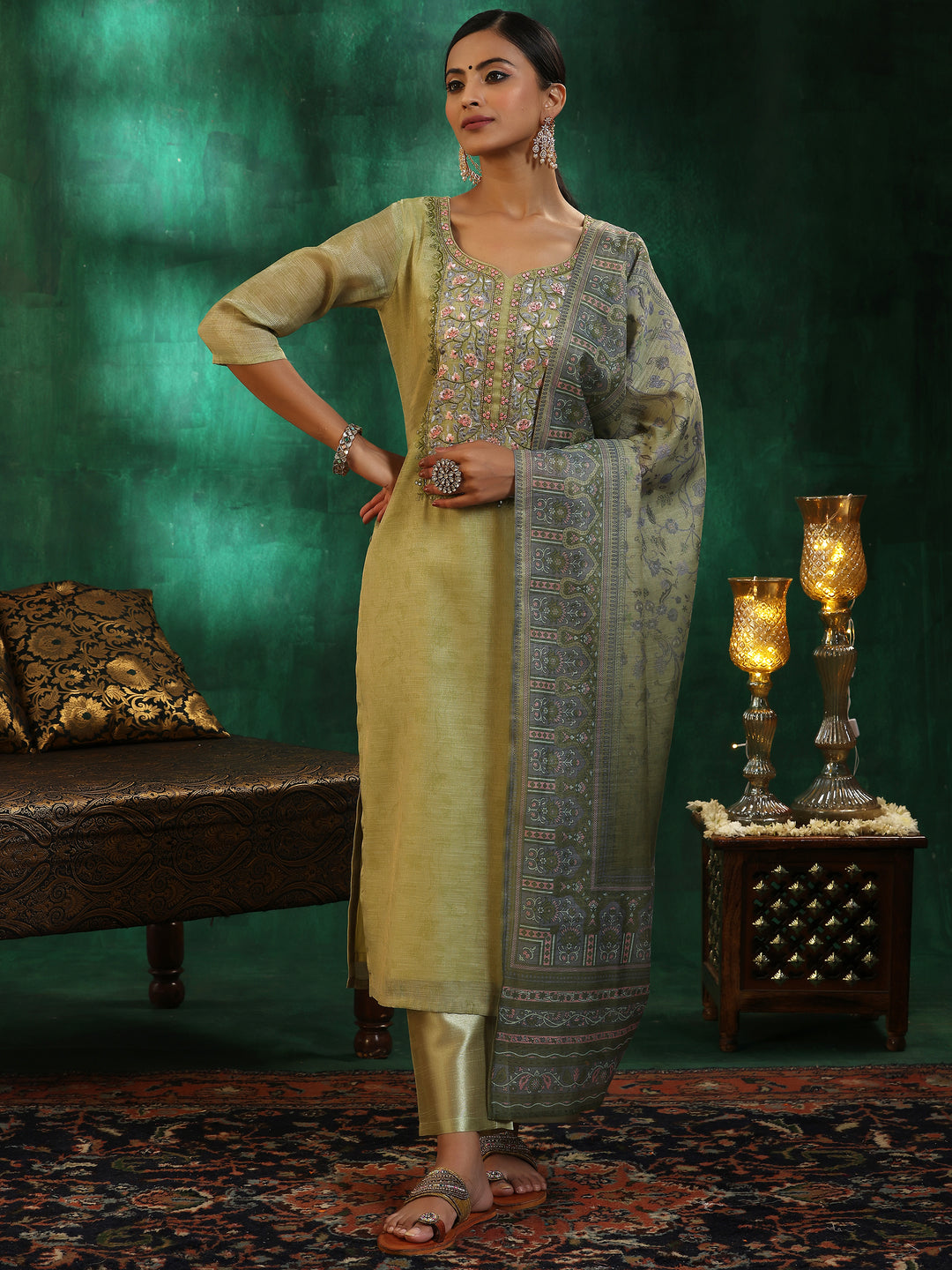 Green Yoke Design Silk Blend Straight Suit With Dupatta