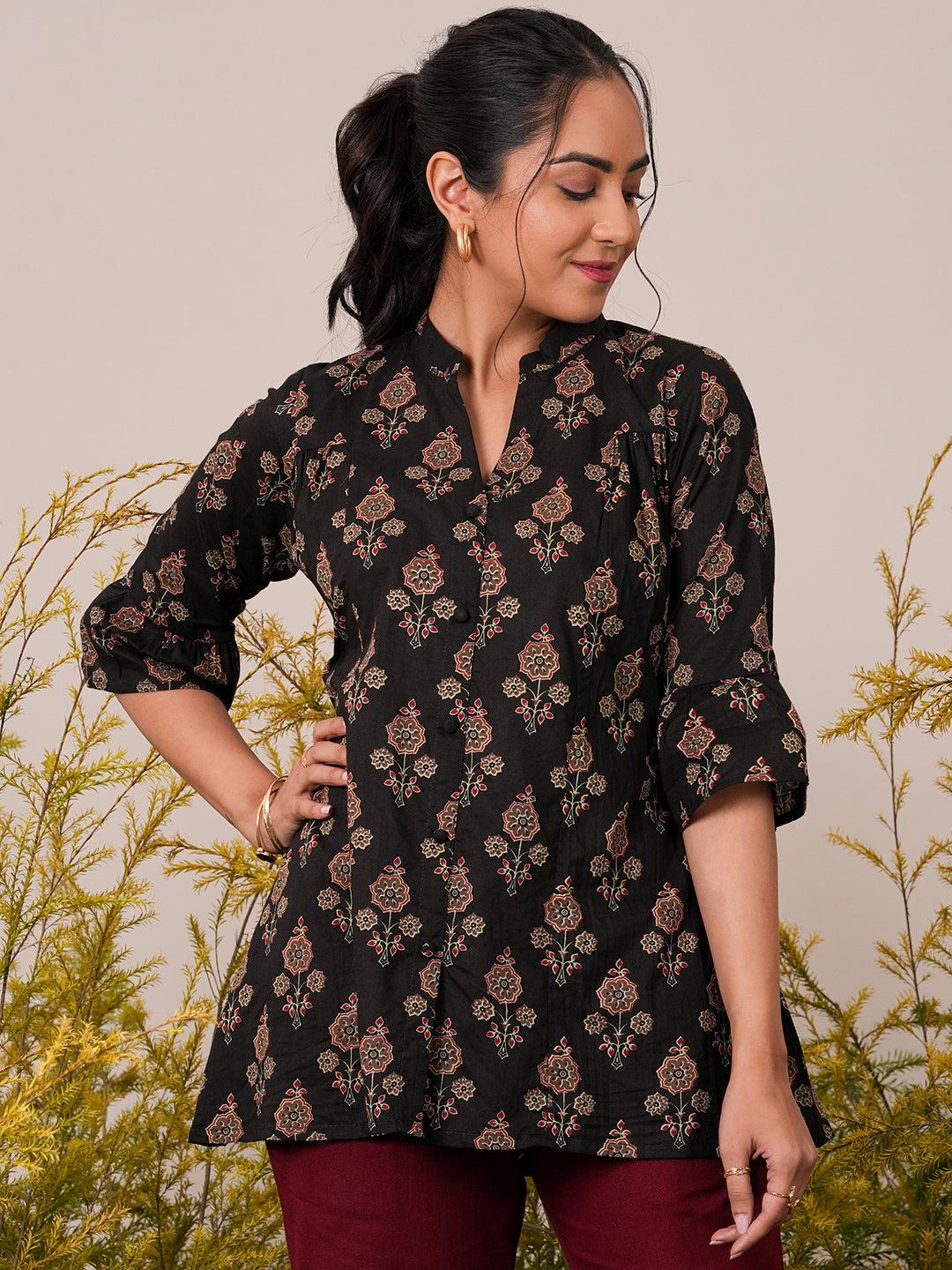 Black Printed Cotton Straight Kurti - Libas