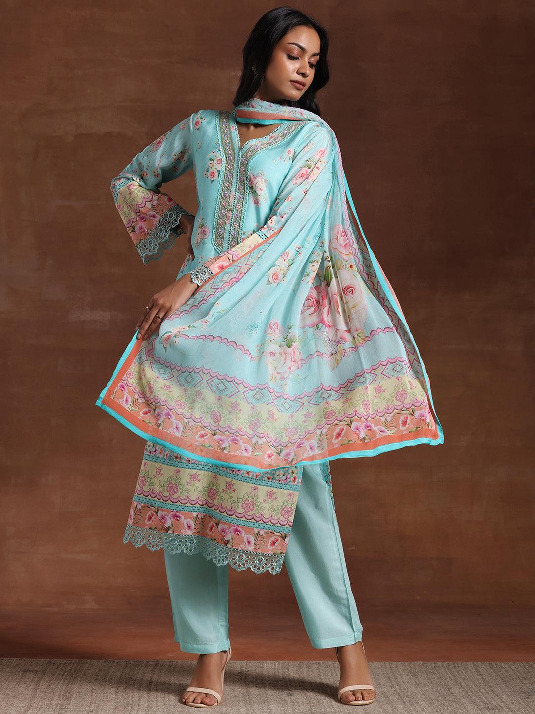 Turquoise Printed Silk Blend Straight Suit With Dupatta - Libas