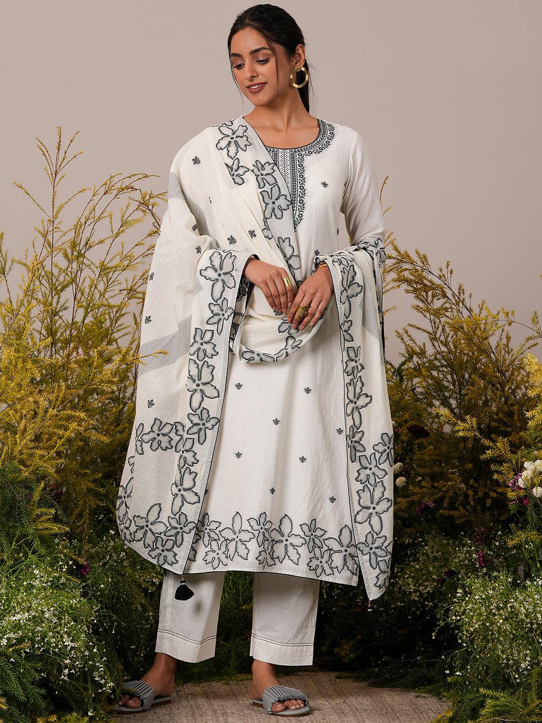 Off White Woven Design Cotton Straight Suit With Dupatta - Libas