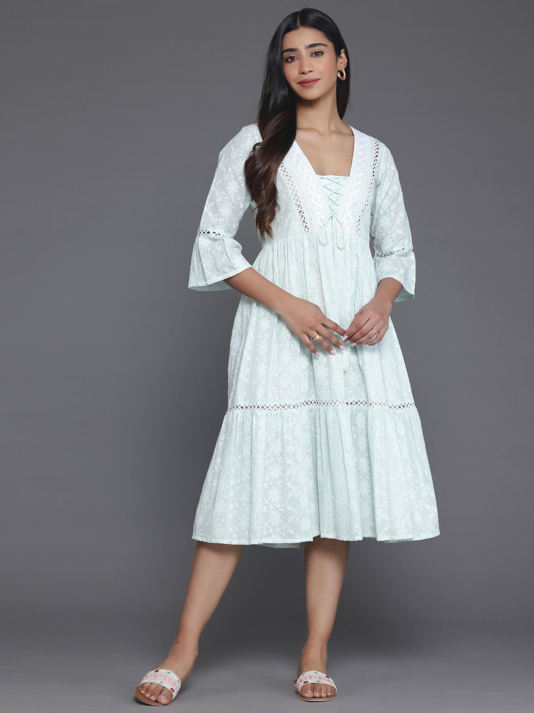 Sea Green Embroidered Cotton Fit and Flare Dress