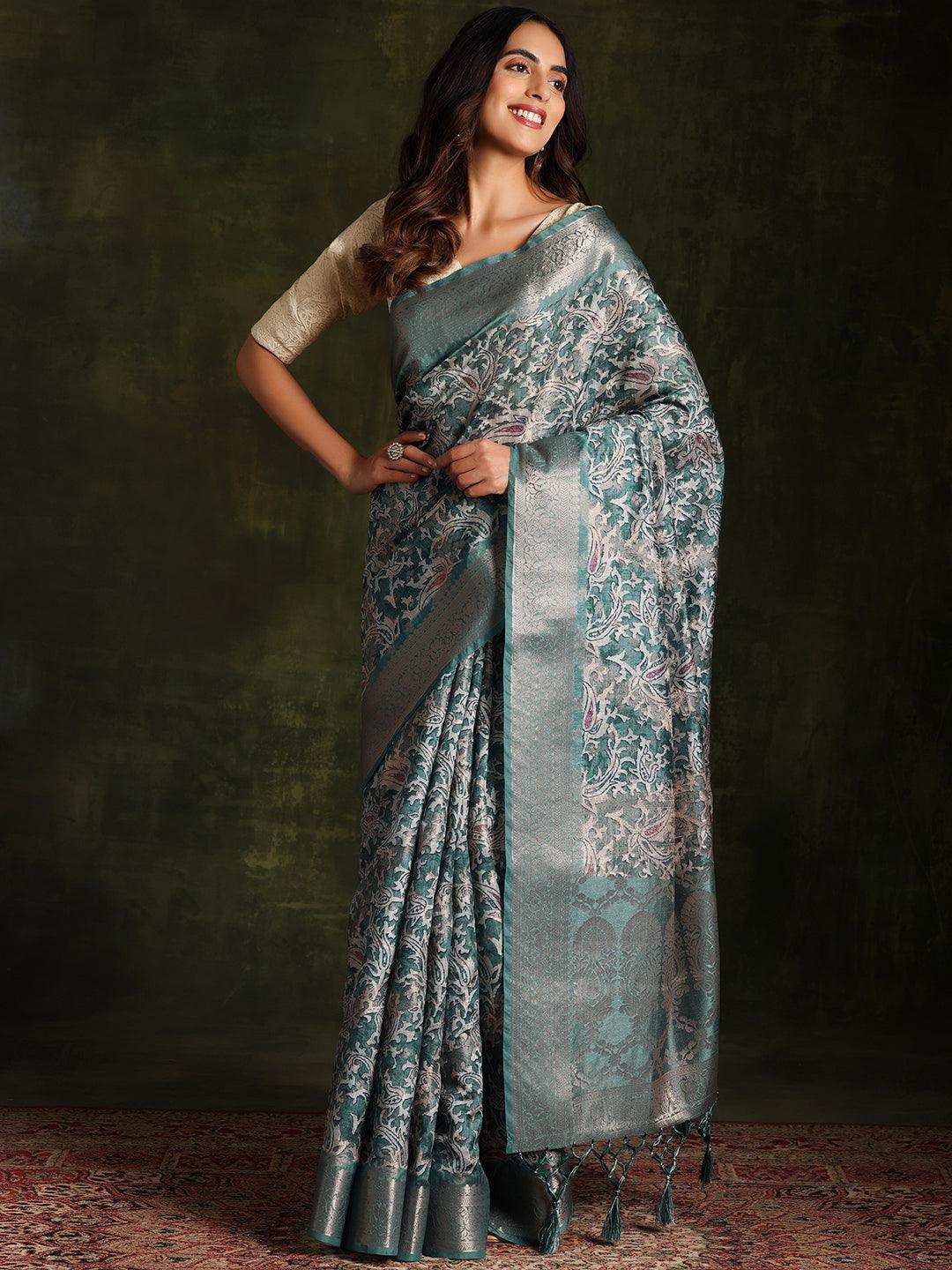 Green Woven Design Brocade Saree With Unstitched Blouse Piece - Libas