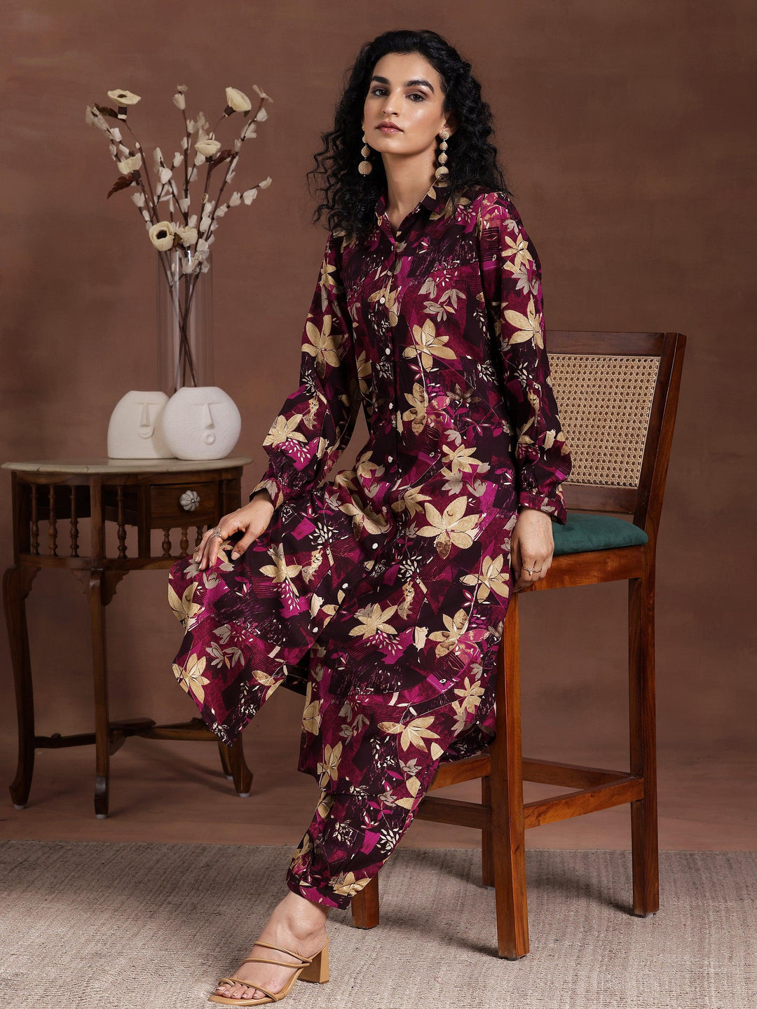 Wine Printed Silk Blend Co-Ords - Libas