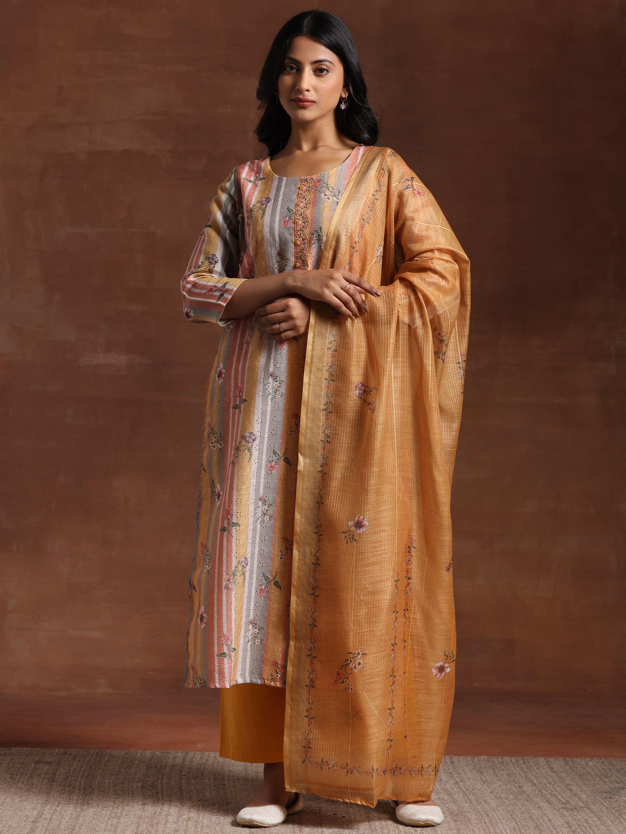 Mustard Striped Cotton Straight Suit With Dupatta