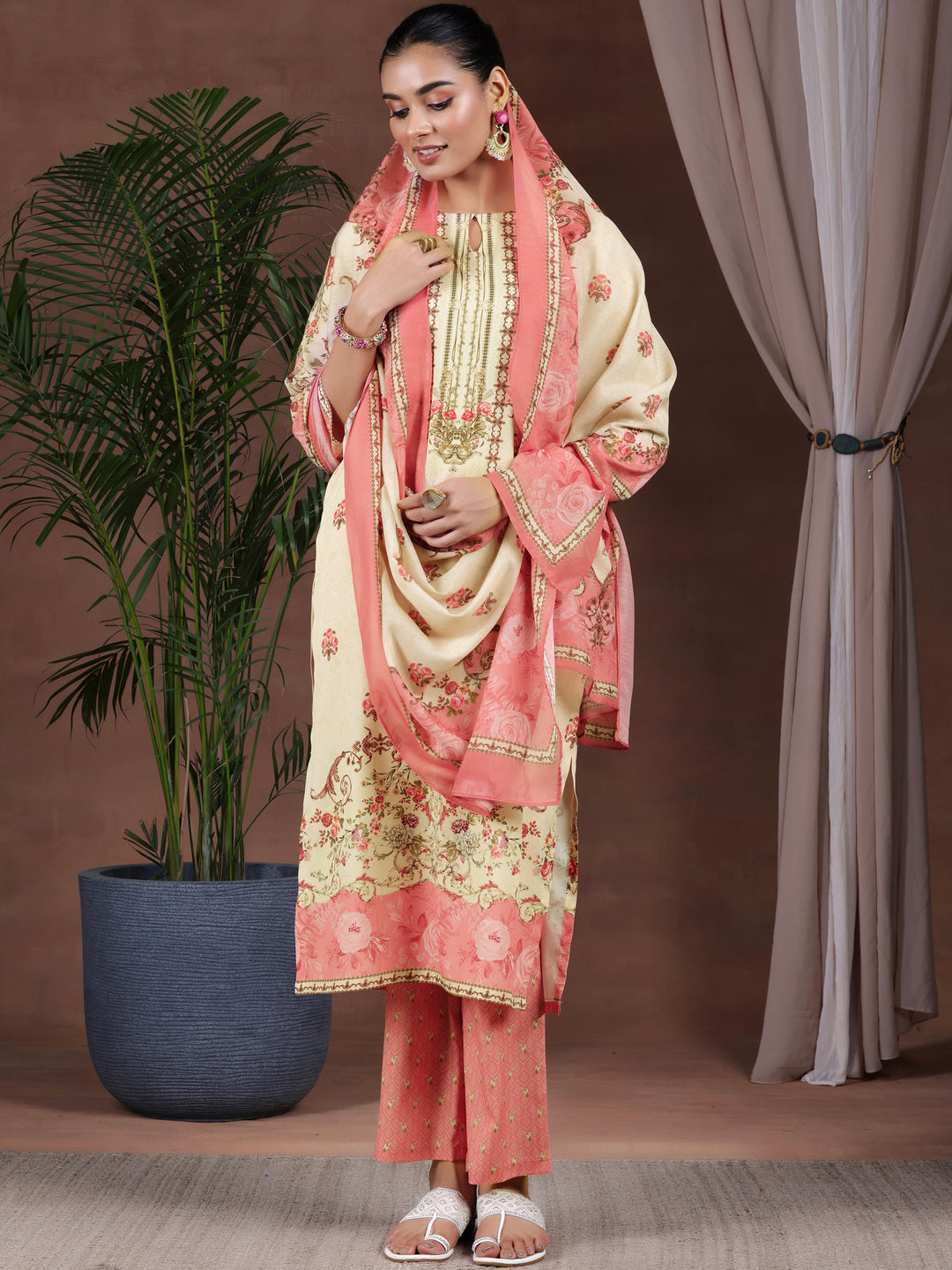  Beige Printed Poly Crepe Straight Suit With Dupatta 