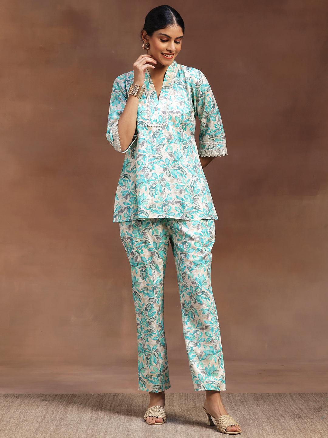 Turquoise Printed Cotton Blend Co-Ords - Libas 