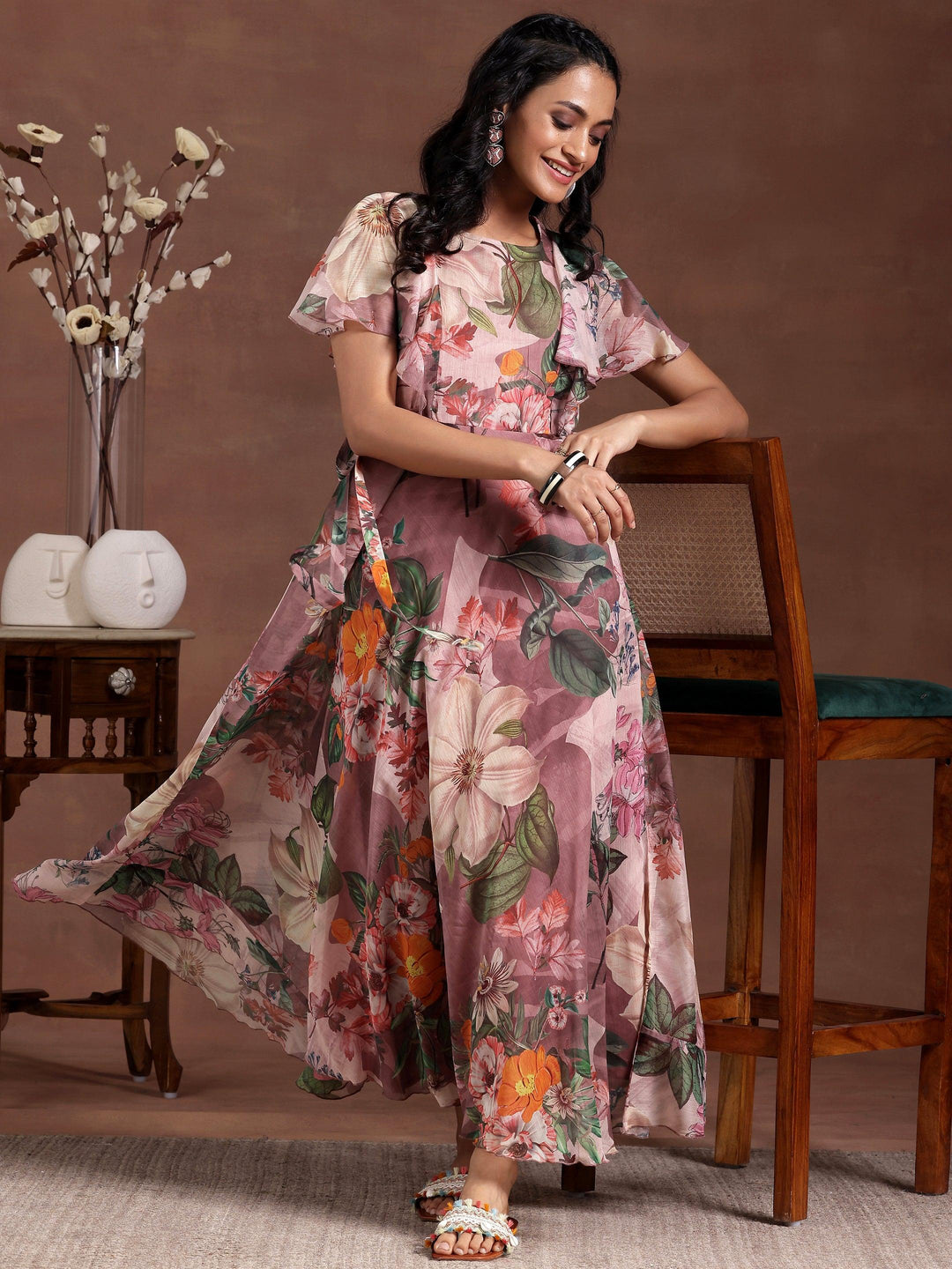 Mauve Printed Chiffon A-Line Dress With Belt - Libas 