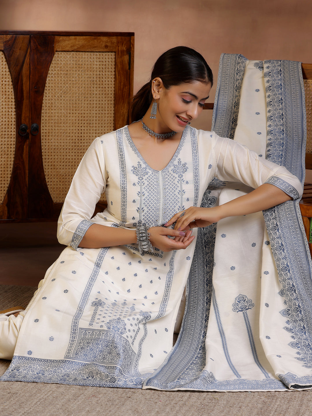  Off White Woven Design Chanderi Silk Straight Suit With Dupatta 