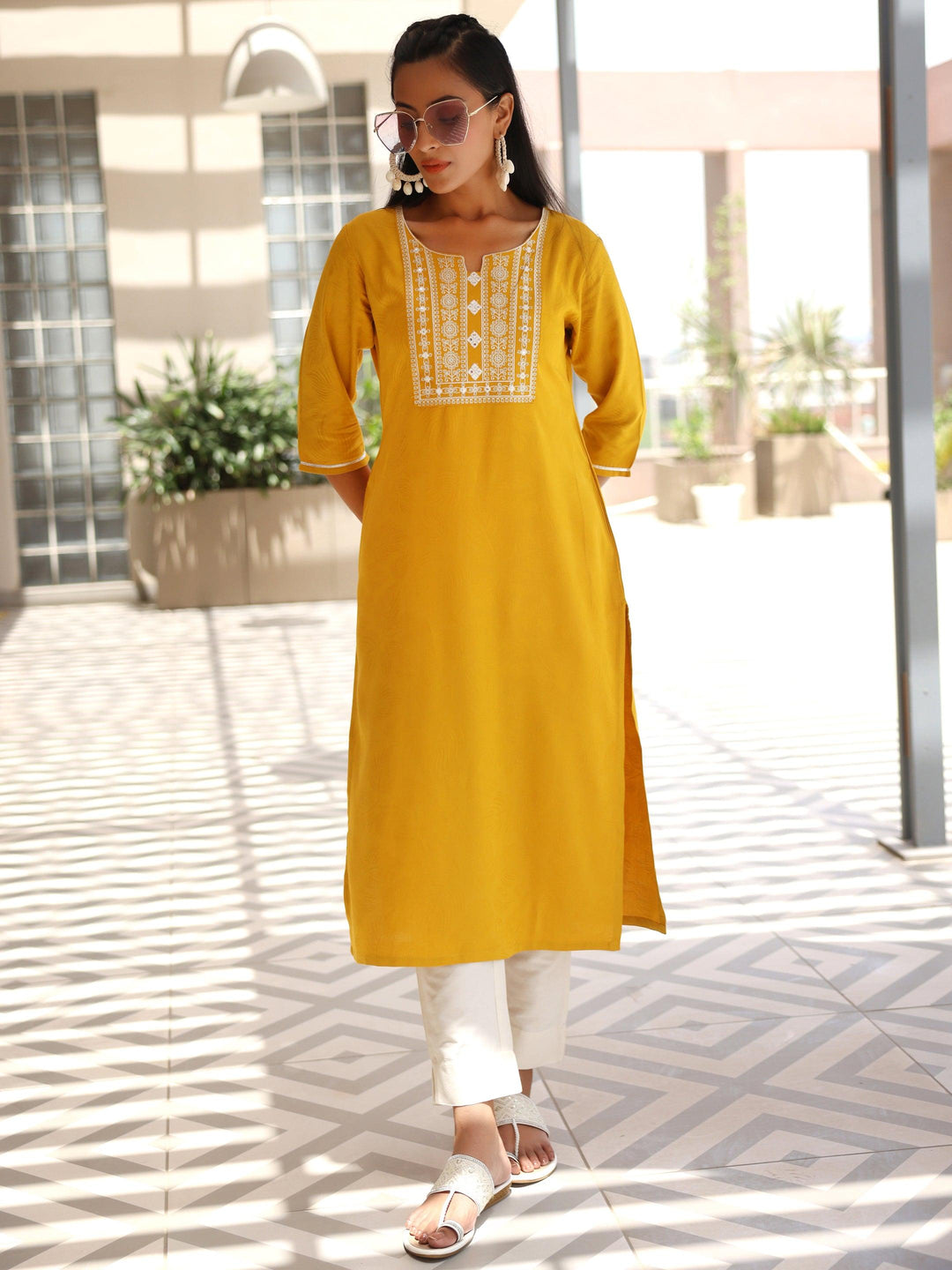 Yellow Yoke Design Rayon Straight Kurta - Libas 