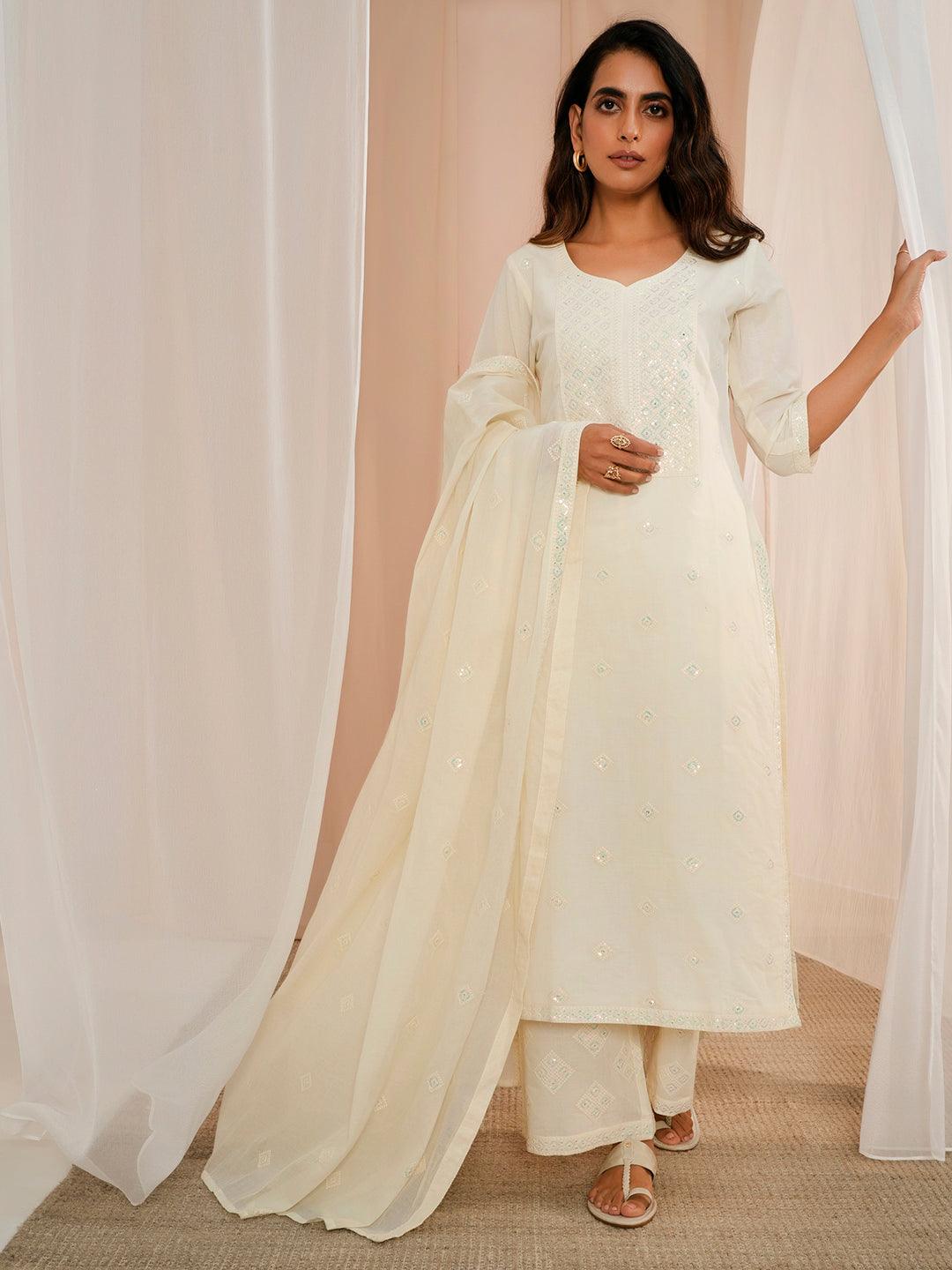 Off White Embroidered Cotton Straight Suit With Dupatta - Libas 